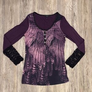Blackkarv Women's Purple Graphic Top with Lace Sleeves